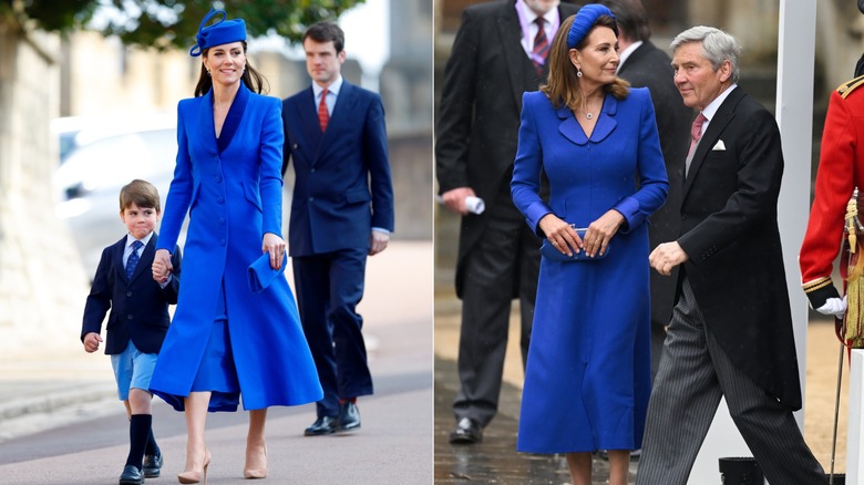 Carole and Kate Middleton in long blue coats at two different events