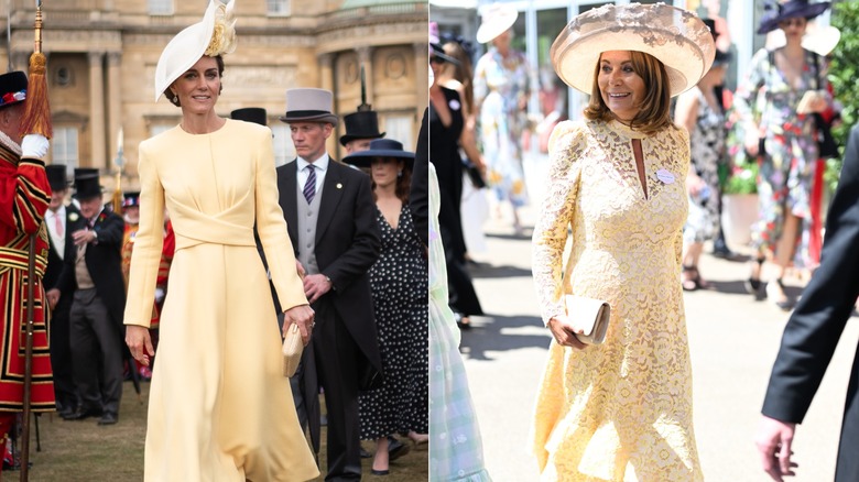 Kate Middleton in a yellow dress and hat and Carole Middleton at a separate event in a yellow dress and hat