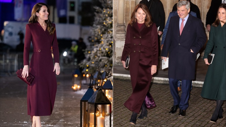 Kate Middleton wearing a burgundy coat and Carole Middleton and her family in a burgundy coat in a separate photo