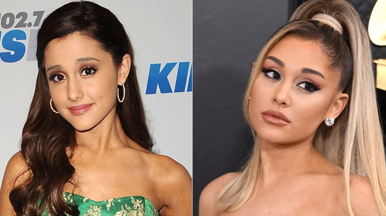 Side by side photos of Ariana Grande in 2015 and 2020, showing off two very different looks
