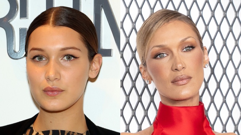 Side by side photos of Bella Hadid as a teenager and more recently as an adult in 2026