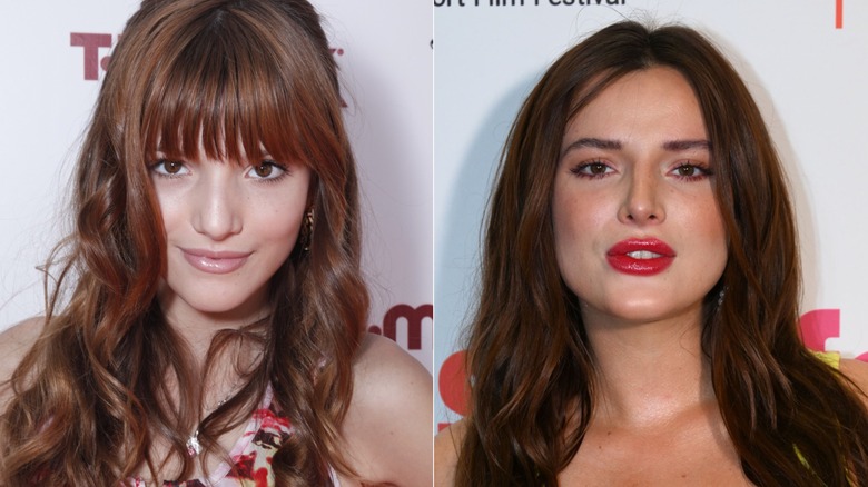 Side by side photos of Bella Thorne as a young Disney star and as an adult in the 2020s