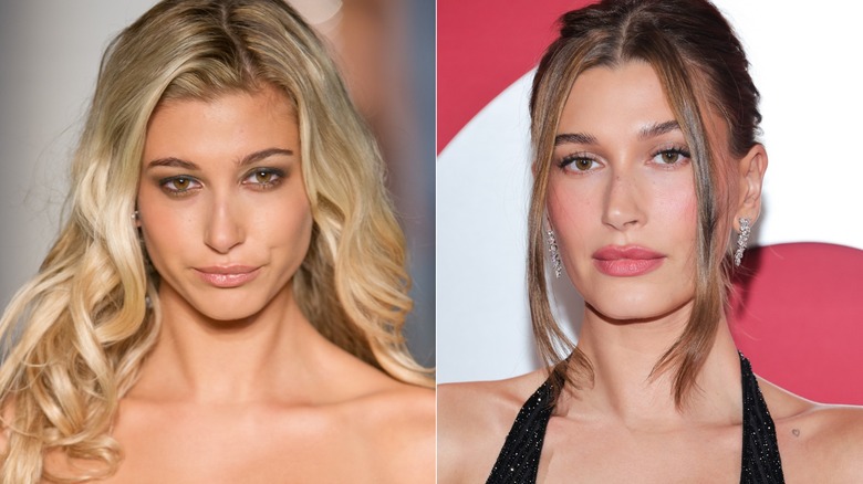 Side by side photos of Hailey Bieber (formerly Baldwin) in 2012 and in 2025 at different events