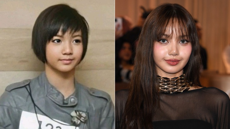 Side by side pictures of Blackpink member Lalisa Manoban (formerly known as Panpriya Manoban) pre-debut and in the 2020s