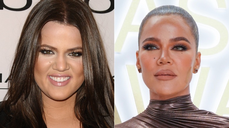 Side by side photos comparing Khloe Kardashian's looks in the 2010s and more recently in the 2020s
