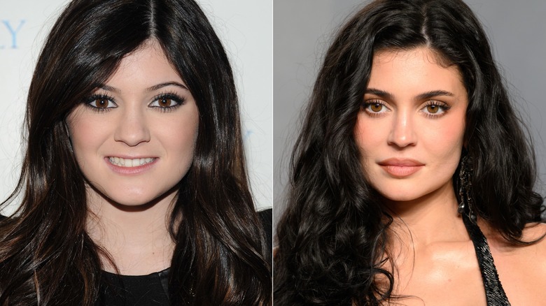 Side by side photos of Kylie Jenner as a teenager and more recently as an adult in 2025