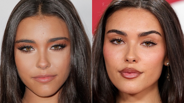 Side by side photos of Madison Beer attending a party in 2015 and in 2025 on the red carpet