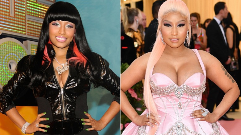 Side by side photos of Nicki Minaj early in her career and at the Met Gala in 2024