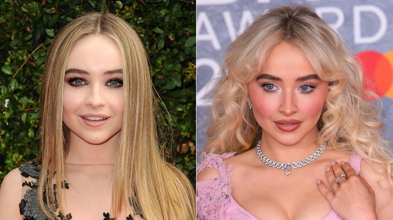 Side by side photo comparison of Sabrina Carpenter as a young child star in 2013 and at the Brit Awards in 2025
