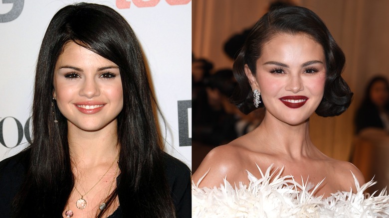 Split image of Selena Gomez in her younger years as a Disney star and in 2025 at the Met Gala