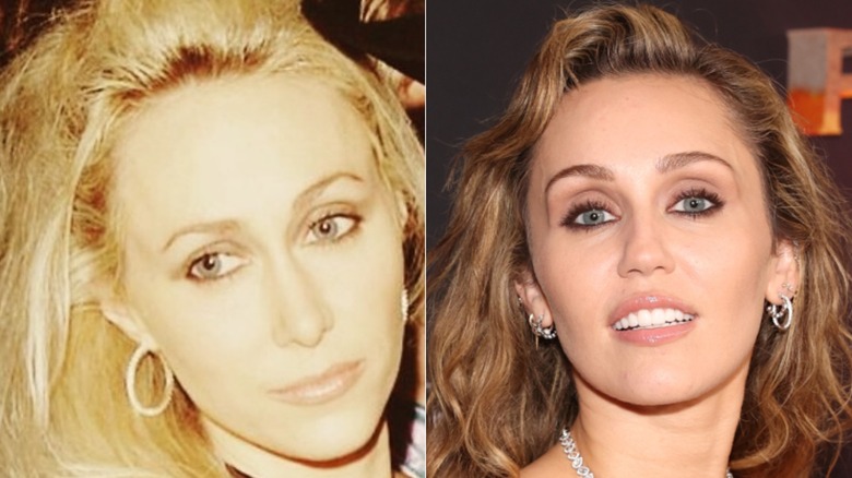 split screen of Tish Cyrus deep in thought and Miley Cyrus looking intently at the camera