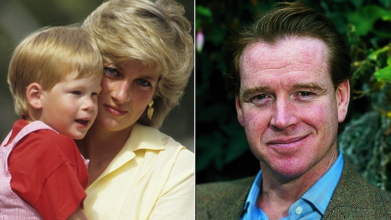 Split image of Princess Diana with a young Prince Harry and James Hewitt