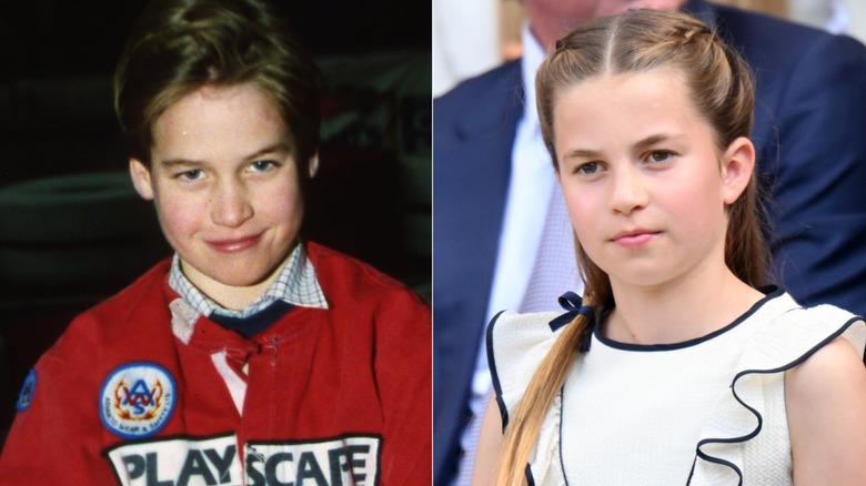 split image of a young prince William in 1992 and Princess Charlotte in 2024