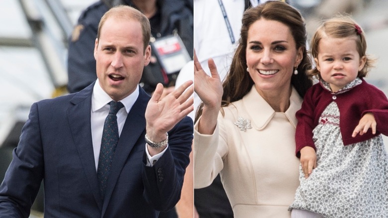split image of Prince William waving and Kate Middleton waving while holding a young Princess Charlotte