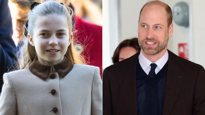 split image of Princess Charlotte with a small smile and Prince William with a similar awkward smile