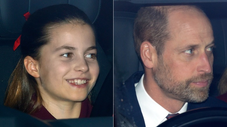 image of Princess Charlotte and Prince William looking sideways inside a car