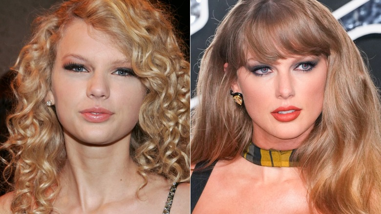 Split image of young Taylor Swift with curly hair; 2024 Taylor Swift with straight hair, red lips, and yellow plaid outfit at MTV VMAs 2024