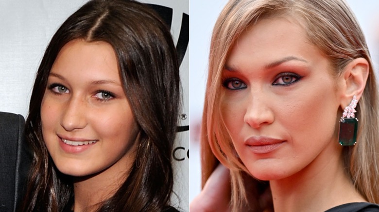 Teenage Bella Hadid next to an a photo of Bella Hadid in 2025