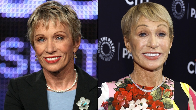 Barbara Corcoran in front of digital background with big smile and Barbara Corcoran on a carpet.