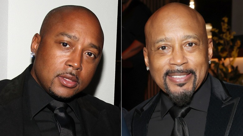 Young Daymond John in all black next to 2025 Daymond John in all-black outfit.