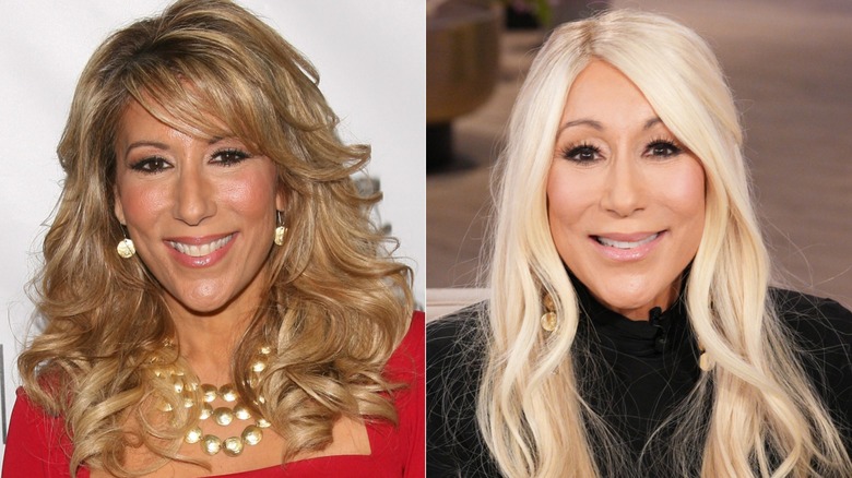 Lori Greiner with big hair and lots of jewelry next to image of Lori Greiner with bleached blonde hair.