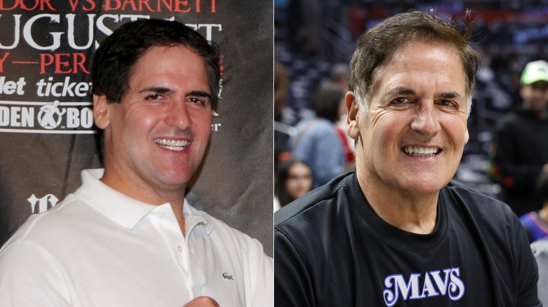 Mark Cuban in a white shirt, smiling beside image of Mark Cuban in basketball court smiling.