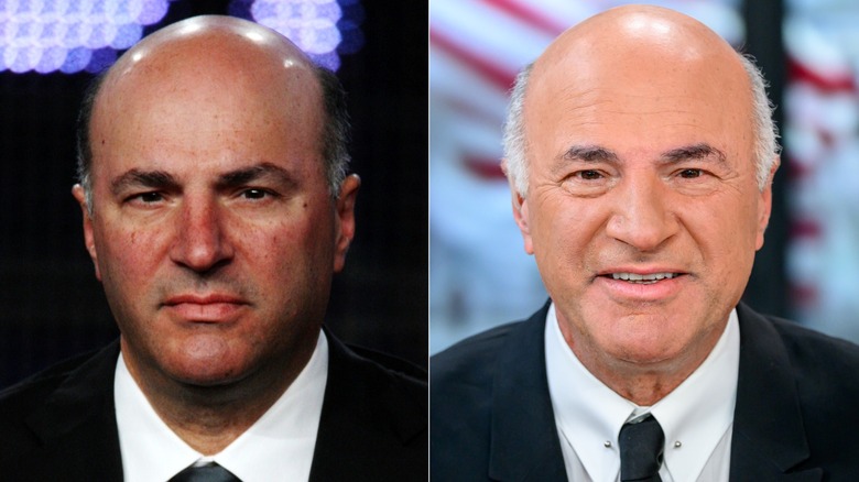 Close up of Kevin O'Leary with a serious face besides image of smiling Kevin O'Leary