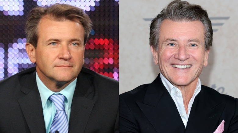 Robert Herjavec looking serious in front of digital background and smiling Robert Herjavec in suit.
