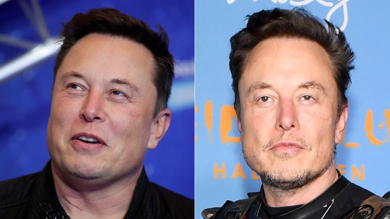 L: SpaceX owner and Tesla CEO Elon Musk arrives on the red carpet for the Axel Springer Award 2020 on December 01, 2020 ;  R: Elon Musk attends Heidi Klum's 21st Annual Halloween Party in 2022