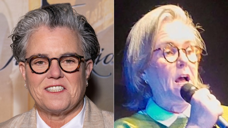 L: Comedian Rosie O'Donnell attends the Autism Speaks Los Angeles Gala at the Taglyan Complex on October 24, 2024 ; R: Rosie O'Donnell performing a stand-up skit on stage in May 2025