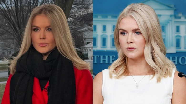 Karoline Leavitt in a red coat and a black scarf posed against a photo of Karoline Leavitt in the White House Press room.
