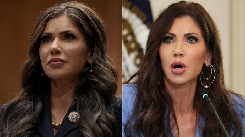 Kristi Noem in dark lighting in a navy suit posed next to a photo of Kristi Noem in a blue suit with her mouth open, talking.