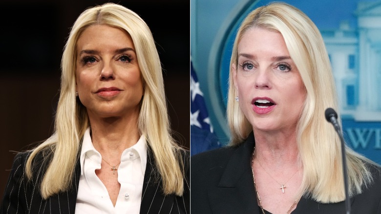 Pam Bondi against a dark background looking up next to a photo of Pam Bondi in the White House press room.