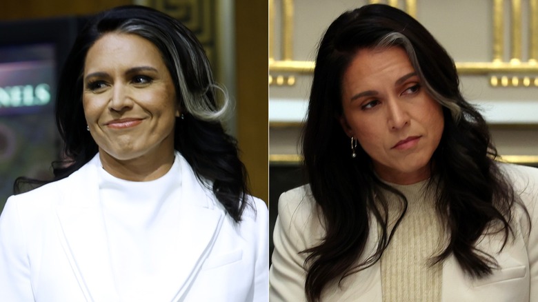 Tulsi Gabbard smiling off to the left next to a photo of her looking off to the right.