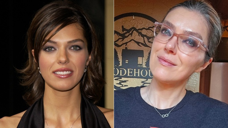 Split photo of Adrianne Curry circa 2003 & smiling with glasses in 2006