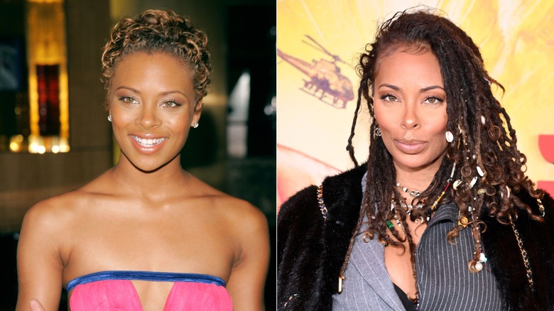 Split photo of Eva Marcille smiling at a function & posing at a movie premiere in 2026