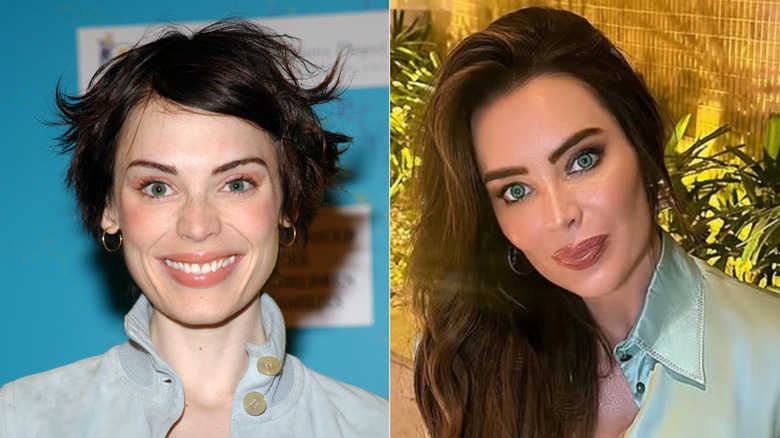 Split photo of Yoanna House smiling at an event in 2003 & posing for an Instagram photo in the 2020s