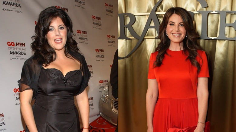 Monica Lewinsky wearing a black dress next to a much later picture of Monica Lewinsky wearing a red and black dress.