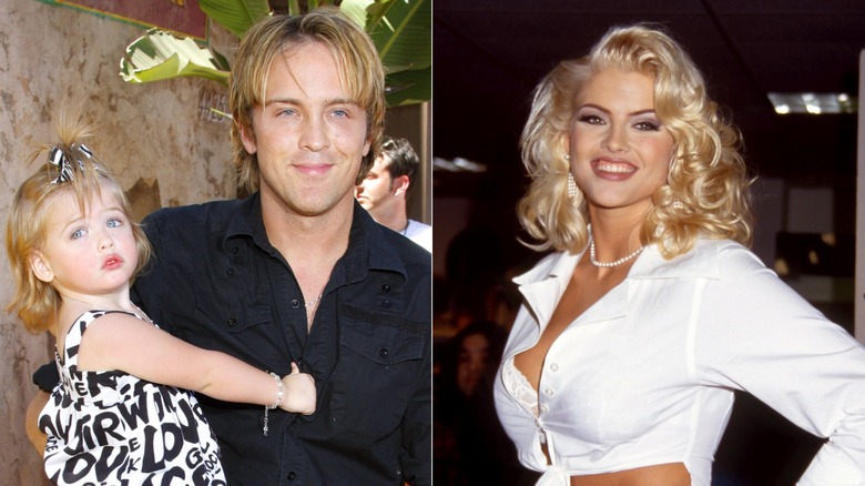 Split image of young Dannielynn Birkhead and Larry Birkhead smiling & Anna Nicole Smith smiling and posing