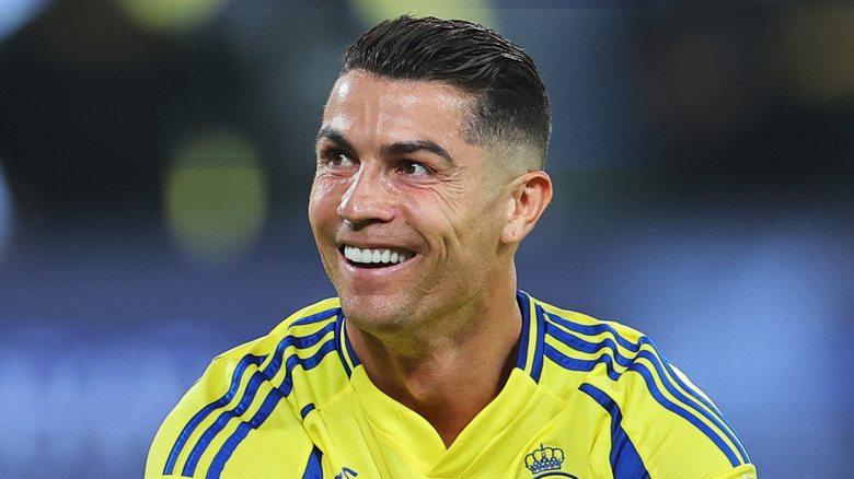 Closeup of Cristiano Ronaldo smiling during soccer match