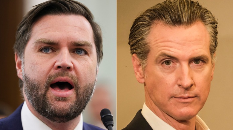Another split screen of JD Vance and Gavin Newsom