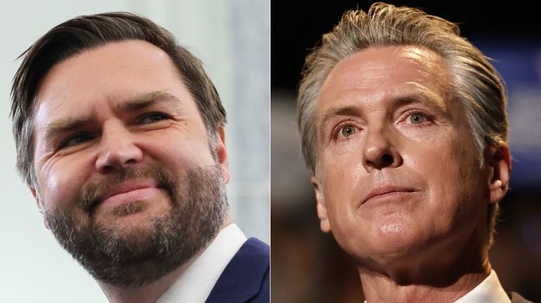 JD Vance smirking and Gavin Newsom serious in split image