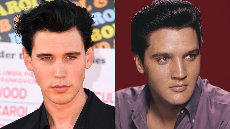 Austin Butler at the premiere of "Once Upon a Time in Hollywood" & a publicity shot of Elvis Presley in 1956