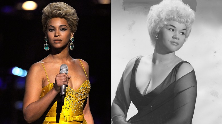 Beyoncé performing on stage in an Etta James-inspired outfit & Etta James in 1962