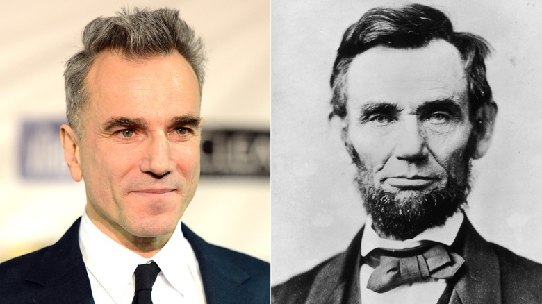 Daniel Day-Lewis promoting "Lincoln" & a portrait of Abraham Lincoln