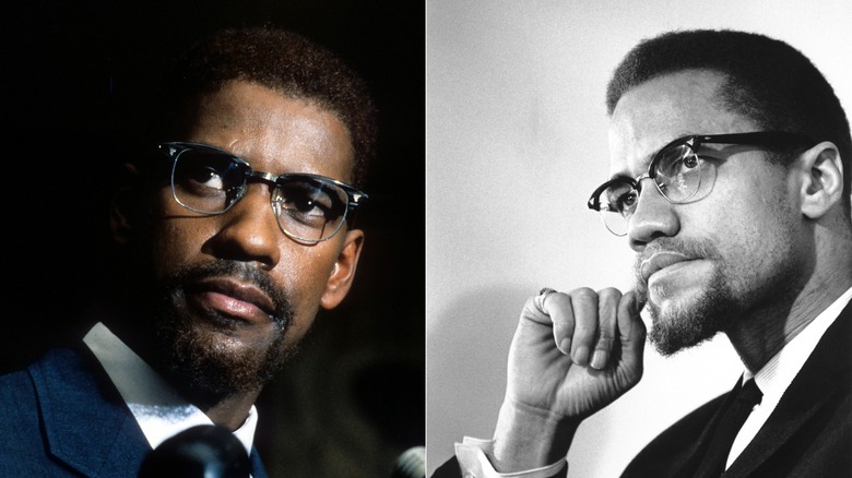 Denzel Washington as Malcolm X in 1992's "Malcolm X" & Malcolm X poses for a portrait in 1965