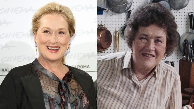 Meryl Streep at a press conference for "Julie & Julia" & Julia Child posing in her kitchen
