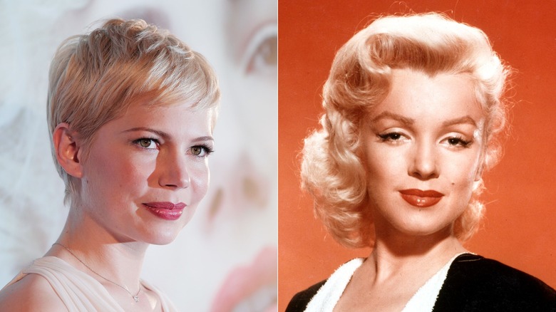 Michelle Williams promoting "My Week with Marilyn" & a portrait of Marilyn Monroe from the '50s
