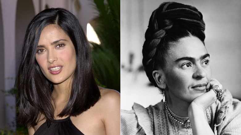 Salma Hayek in 2001 & a portrait of Frida Kahlo