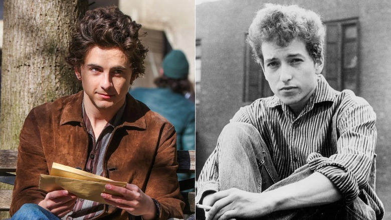 Timothée Chalamet in a scene from "A Complete Unknown" & Bob Dylan circa 1964